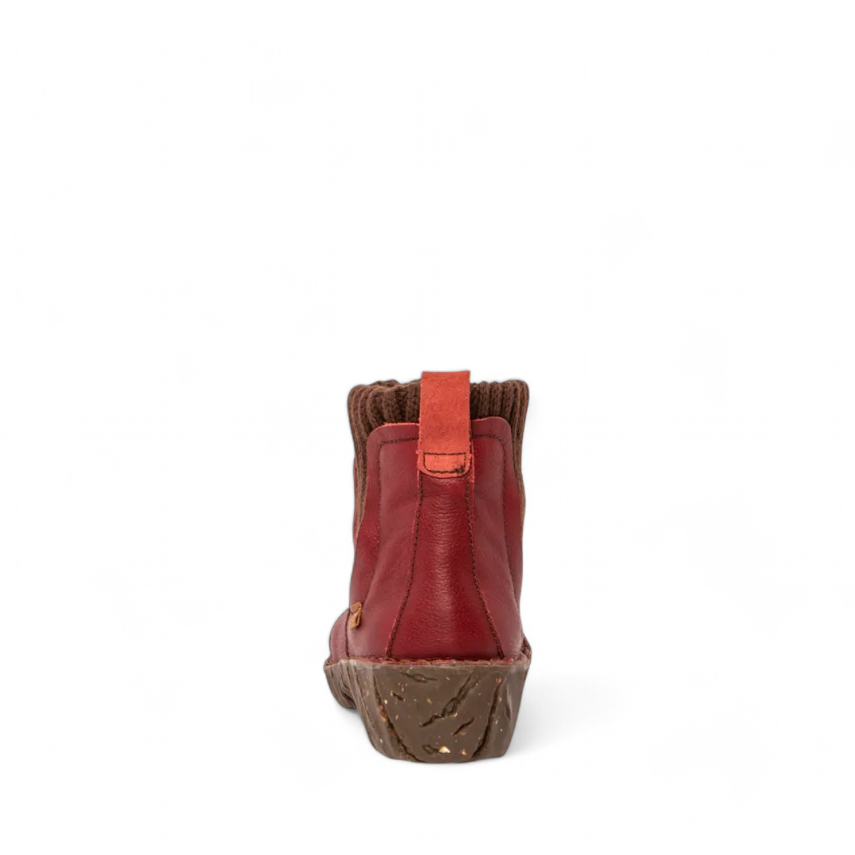 Natural Grain Yggdrasil ankle boots in cereza-brown natural grain calf leather with elastic side panels and block heel. Photo of back view.