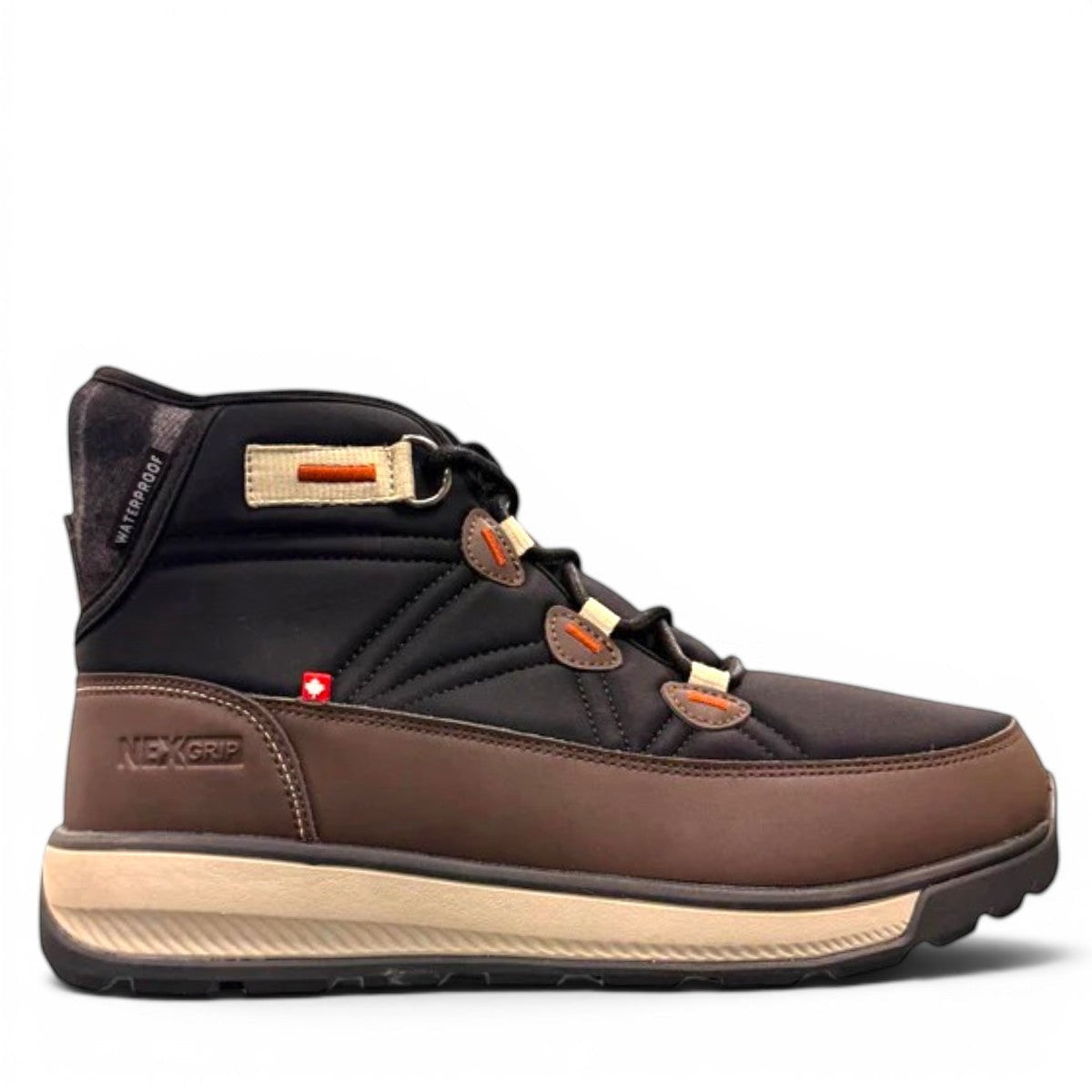 NexGrip Wonder Mid 2E charcoal waterproof winter boot with retractable ice cleats and wool lining.
photo of the right side