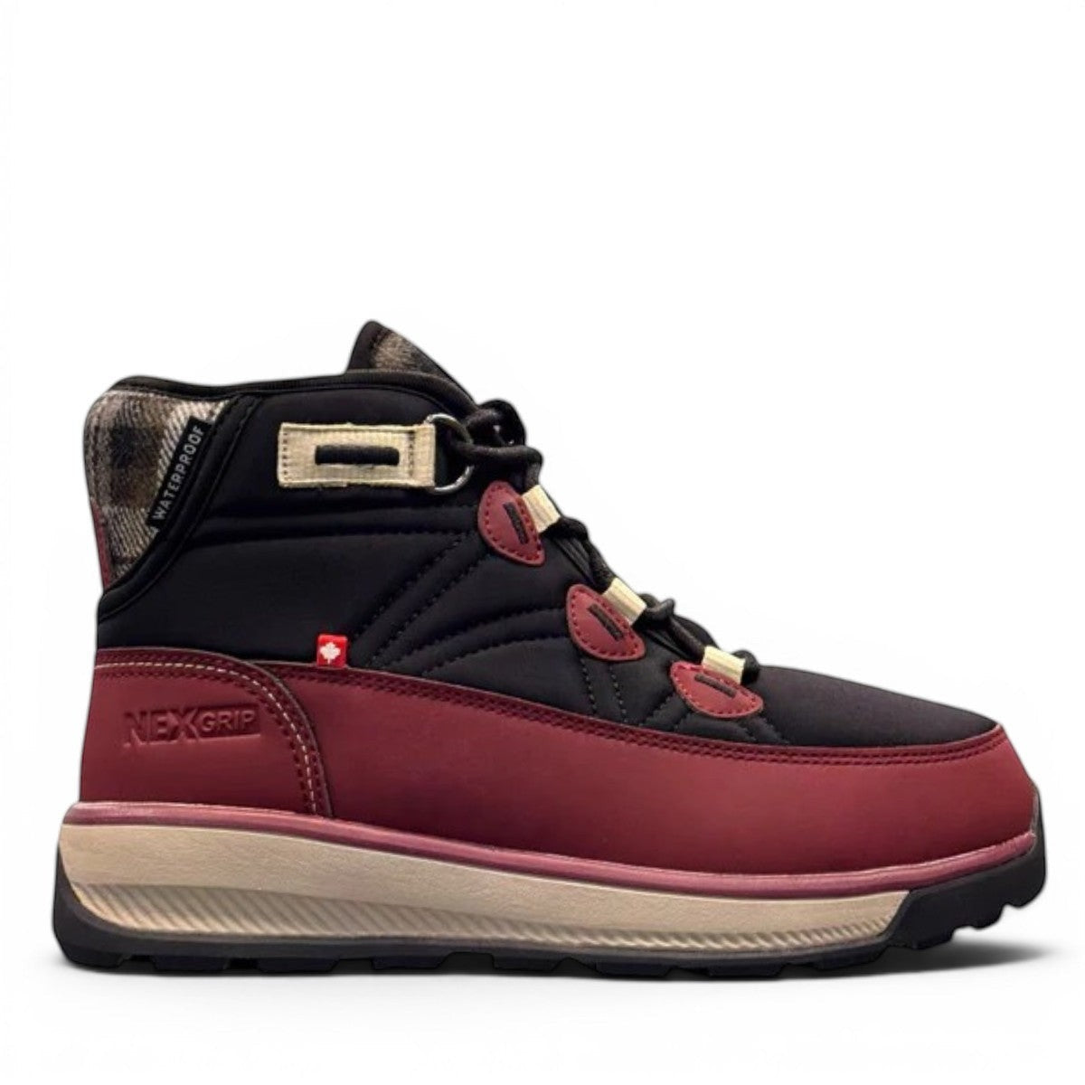 burgundy and black NexGrip Ice Wonder mid-cut waterproof winter boot with plaid collar detail. 
photo of the right side