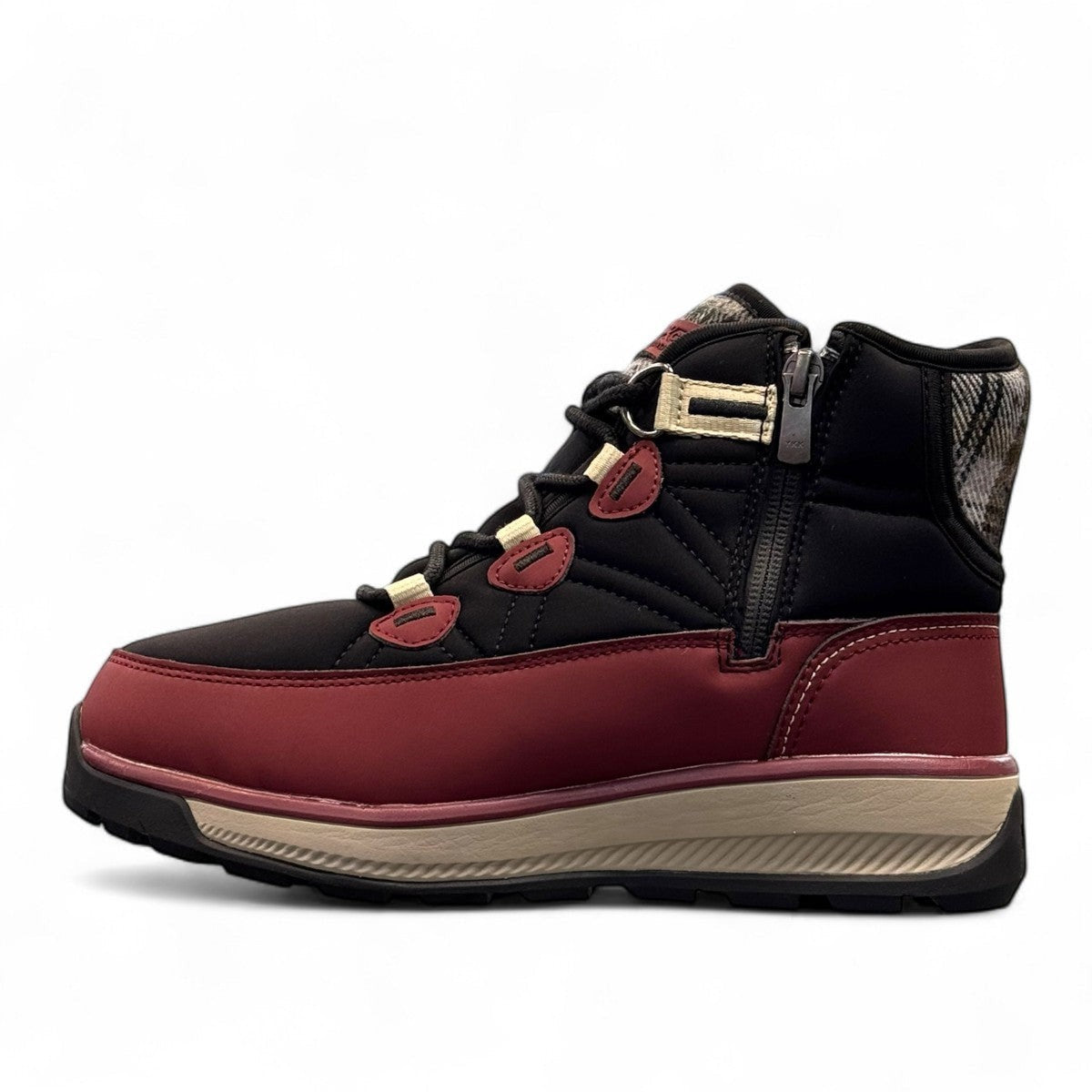 burgundy and black NexGrip Ice Wonder mid-cut waterproof winter boot with plaid collar detail. 
photo of the left side