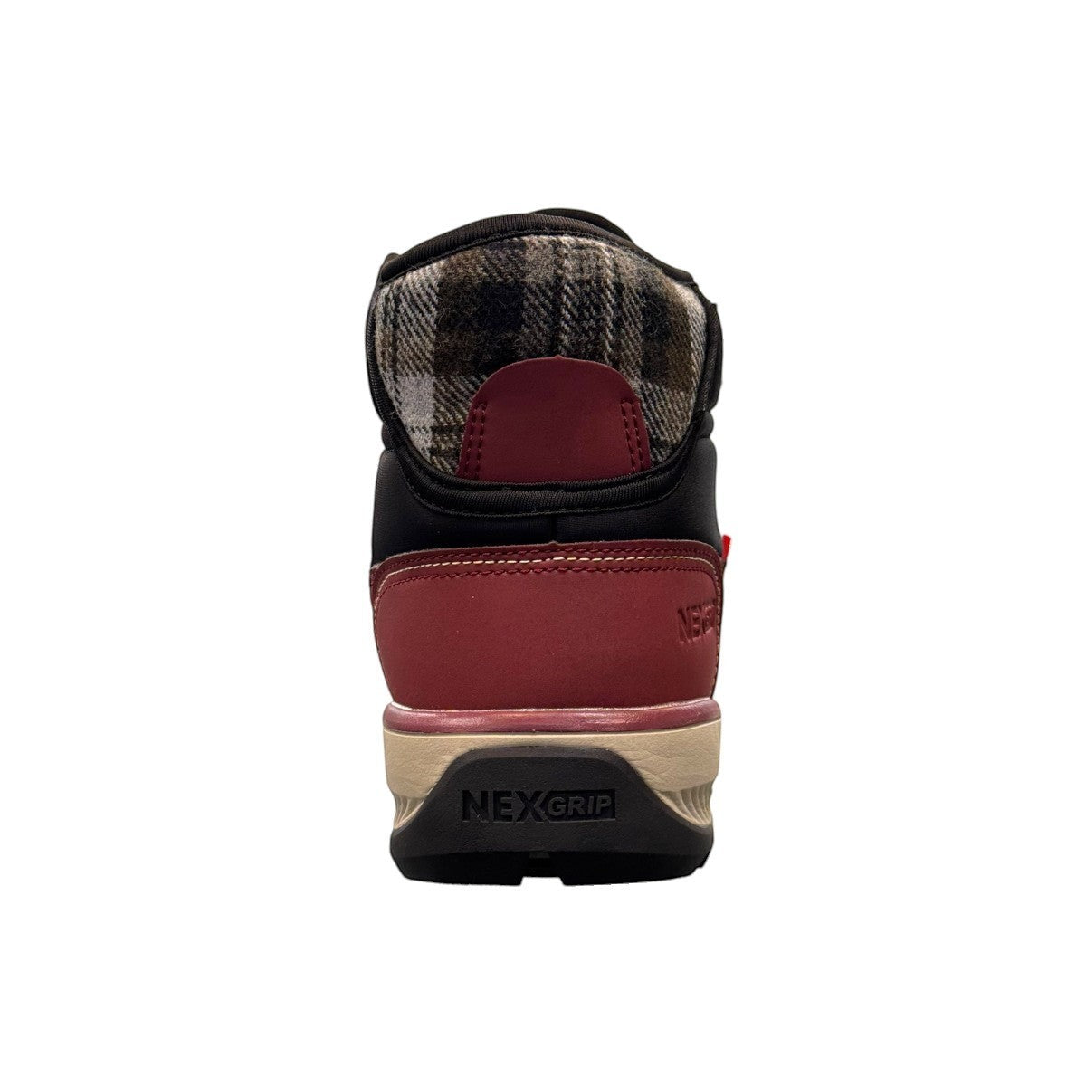burgundy and black NexGrip Ice Wonder mid-cut waterproof winter boot with plaid collar detail. 
photo of the back side