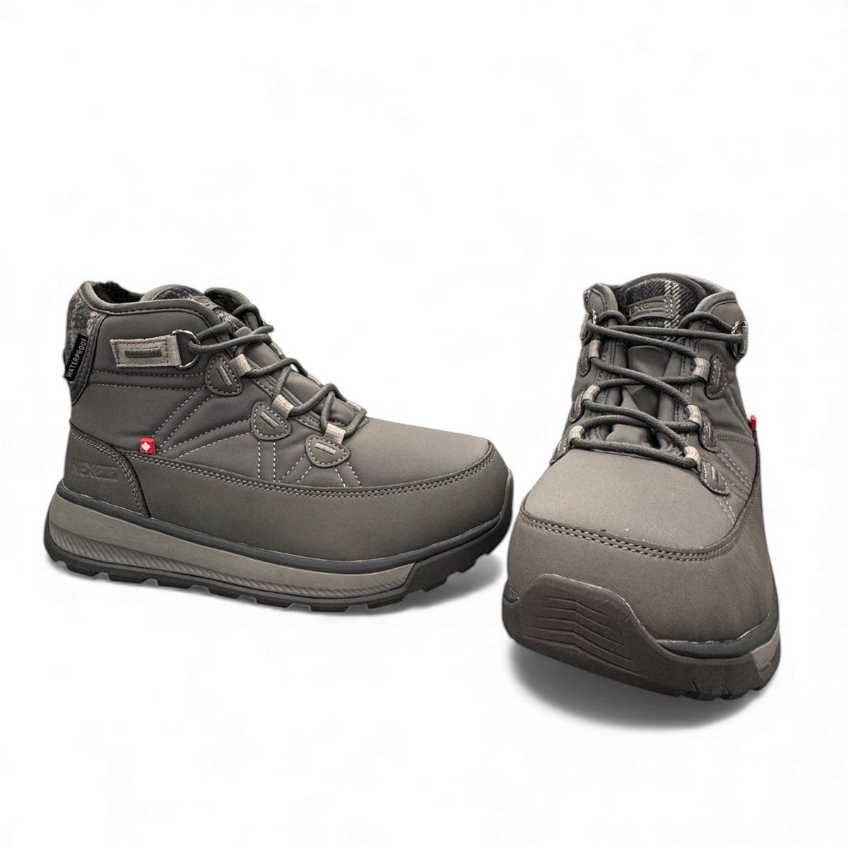 NexGrip Wonder Mid 2E charcoal waterproof winter boot with retractable ice cleats and wool lining. 
photo of the front side