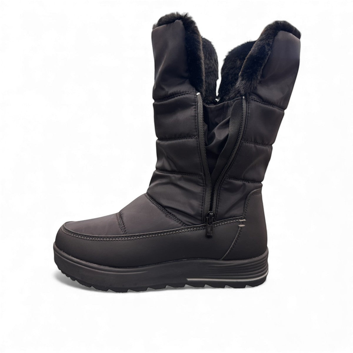 NEXGRIP Ice Cylia black waterproof winter boot with side zipper, faux fur lining, and non-slip outsole.
photo of the left side