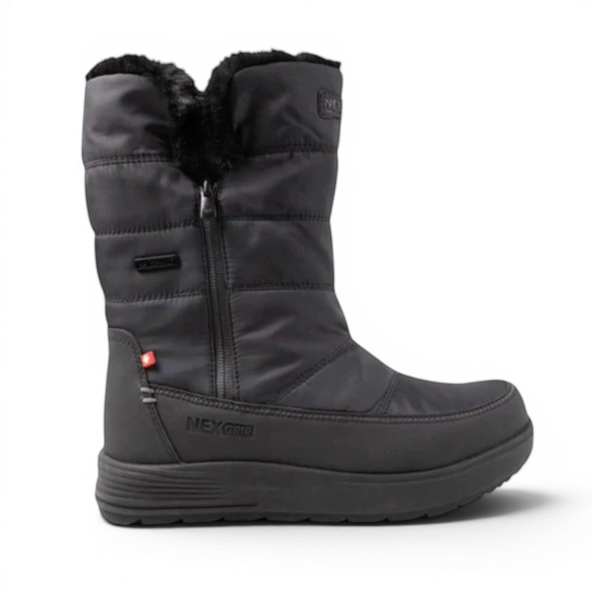 NEXGRIP Ice Cylia black waterproof winter boot with side zipper, faux fur lining, and non-slip outsole.
photo of the right side