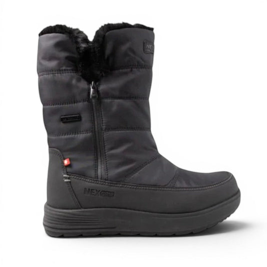 NEXGRIP Ice Cylia black waterproof winter boot with side zipper, faux fur lining, and non-slip outsole.
photo of the right side