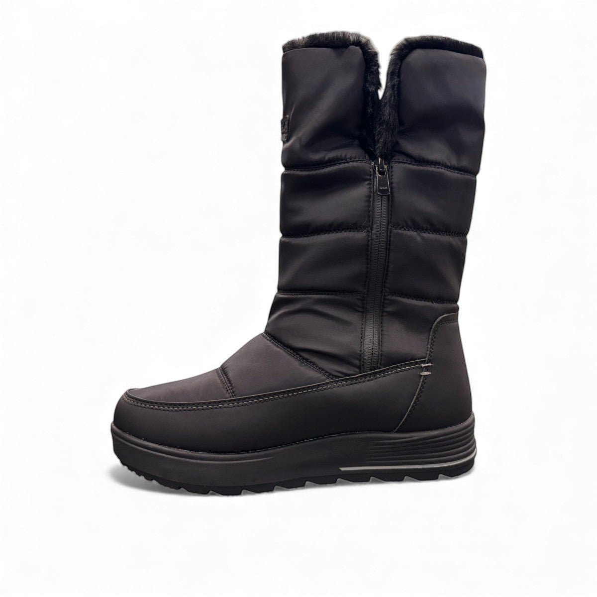 NEXGRIP Ice Cylia black waterproof winter boot with side zipper, faux fur lining, and non-slip outsole.
photo of the left side