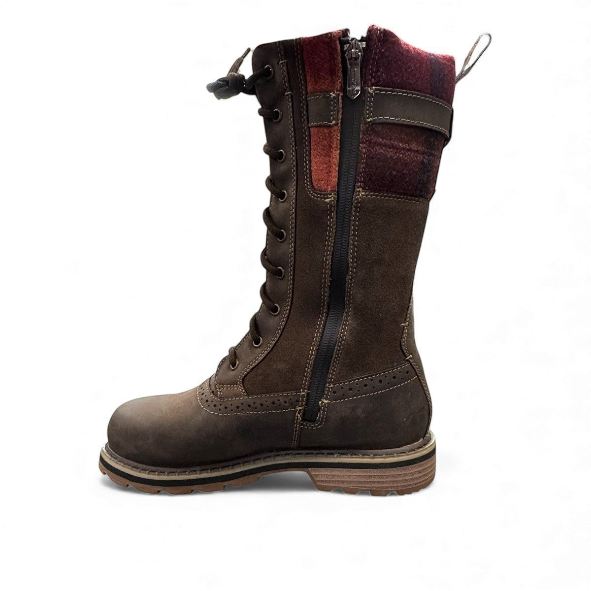 NEXGRIP ICE JENNA 5.0 chocolate brown waterproof winter boot with plaid cuff, lace-up front, and buckle.
photo of the left side