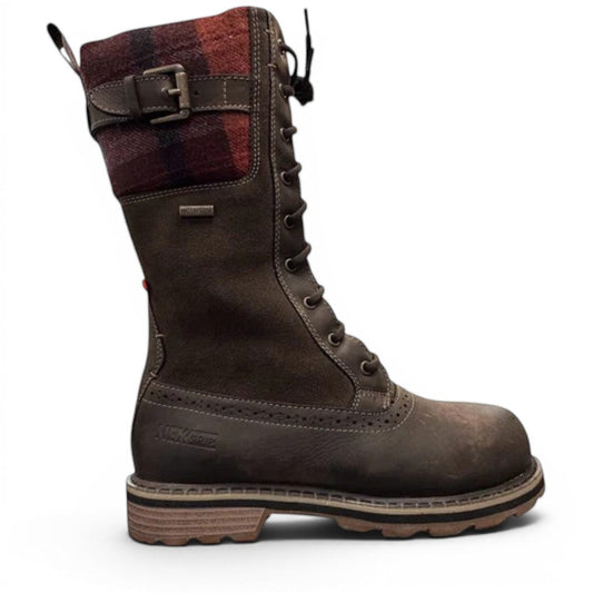 NEXGRIP ICE JENNA 5.0 chocolate brown waterproof winter boot with plaid cuff, lace-up front, and buckle.
photo of the right side