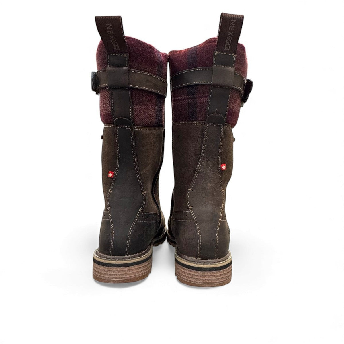 NEXGRIP ICE JENNA 5.0 chocolate brown waterproof winter boot with plaid cuff, lace-up front, and buckle.
photo of the back side