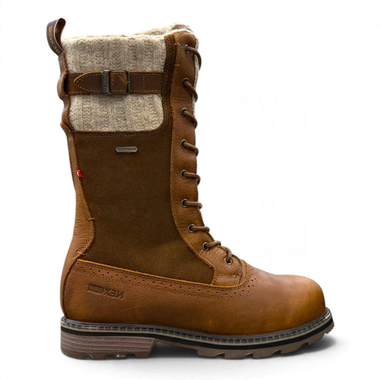 NEXGRIP ICE JENNA 6.0 cognac leather winter boot with lace-up front, knit cuff, and waterproof design.