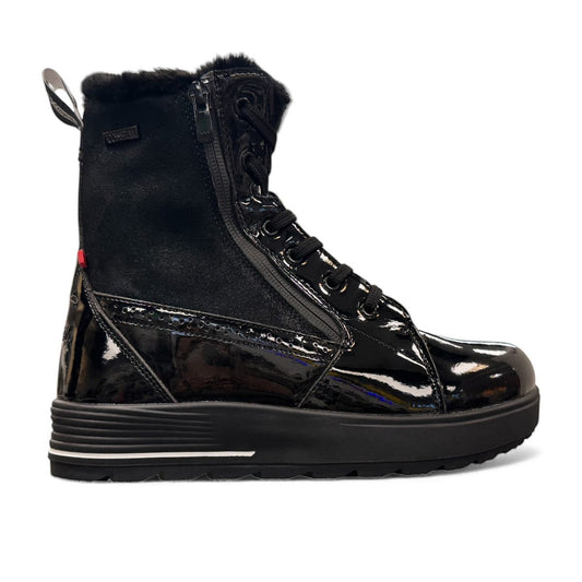 NEXGRIP Ice Marvel 2.0 black glossy leather winter boots with side zipper and faux fur trim.
photo of the right side