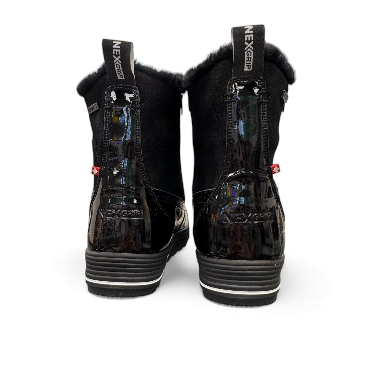 NEXGRIP Ice Marvel 2.0 black glossy leather winter boots with side zipper and faux fur trim.
photo of the back side