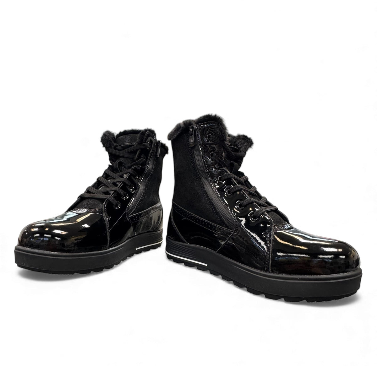 NEXGRIP Ice Marvel 2.0 black glossy leather winter boots with side zipper and faux fur trim.
photo of the front side