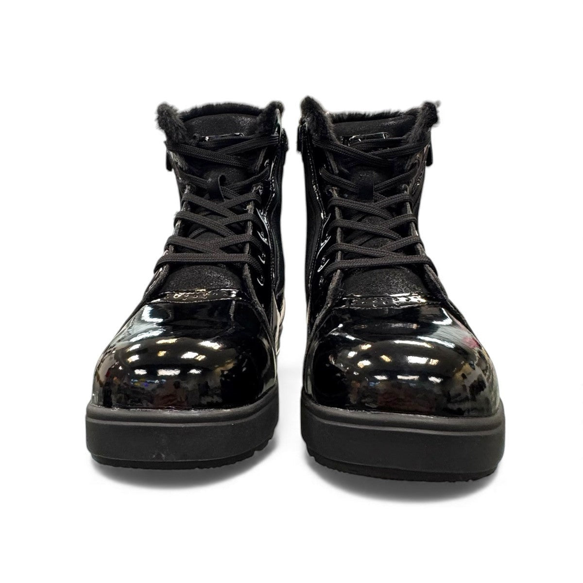 NEXGRIP Ice Marvel 2.0 black glossy leather winter boots with side zipper and faux fur trim.
photo of the front side