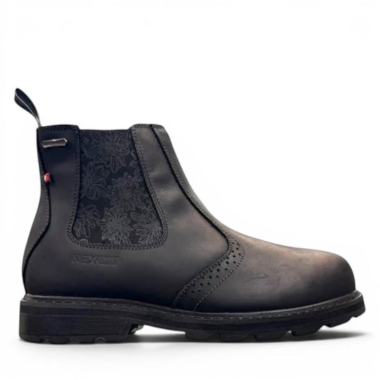 NEXGRIP ICE STELLA 6.0 all black waterproof leather winter boot with floral elastic side panel.
photo of the right side