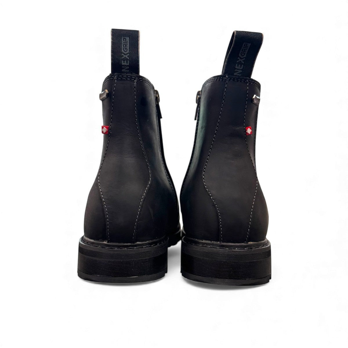 NEXGRIP ICE STELLA 6.0 all black waterproof leather winter boot with floral elastic side panel.
photo of the back side