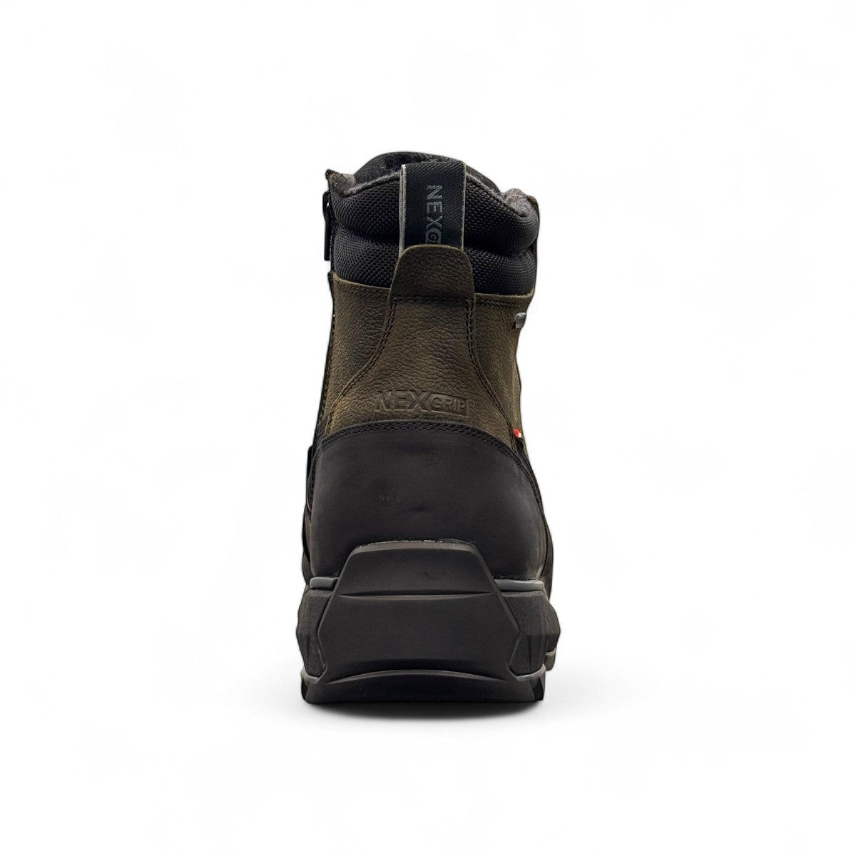 NEXGRIP ICE STONE olive waterproof winter boot with retractable steel cleats and merino wool lining.
photo of the back side