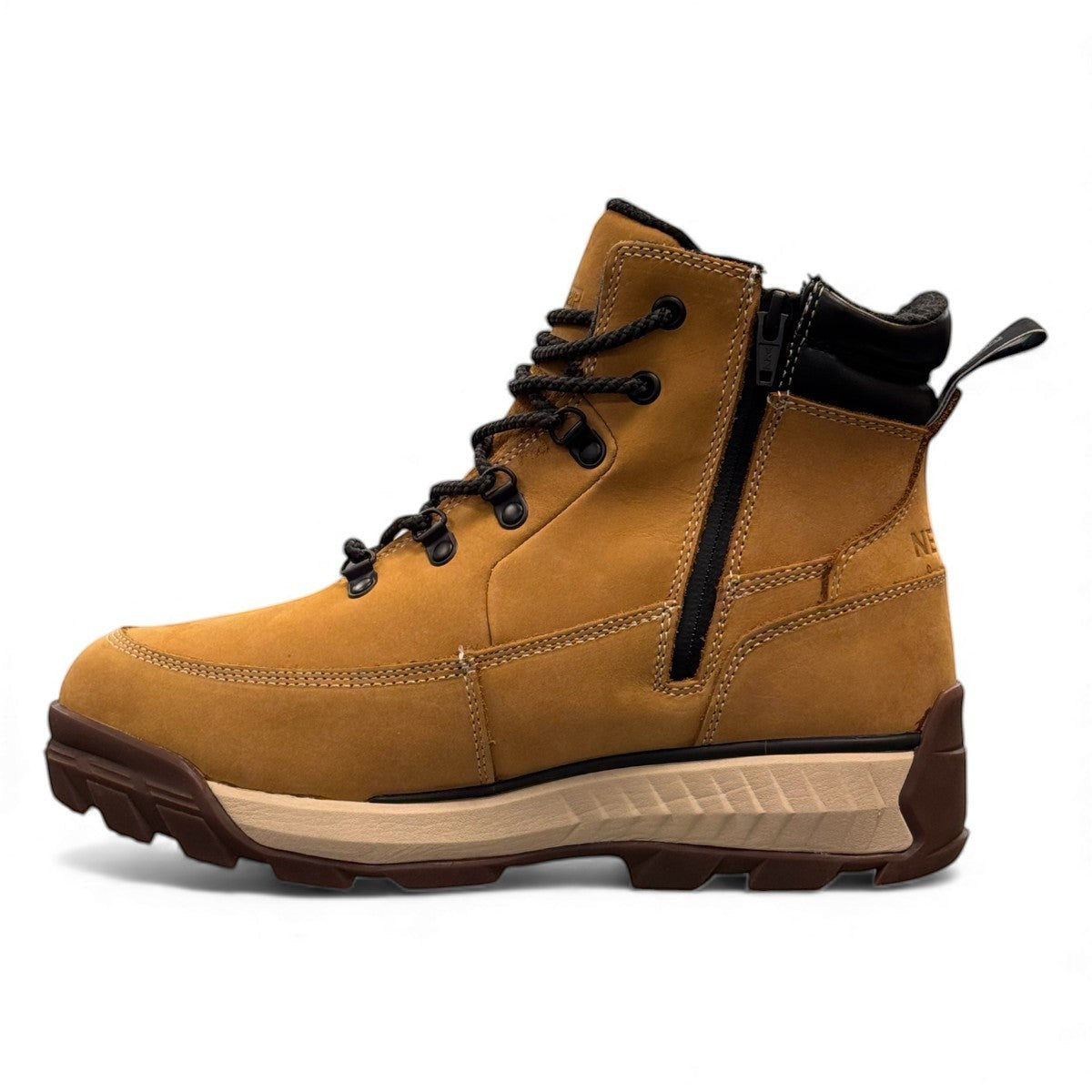 Nexgrip  Ice Stone wheat waterproof leather winter boot with retractable cleats and black lace-up detail.
photo of the left side