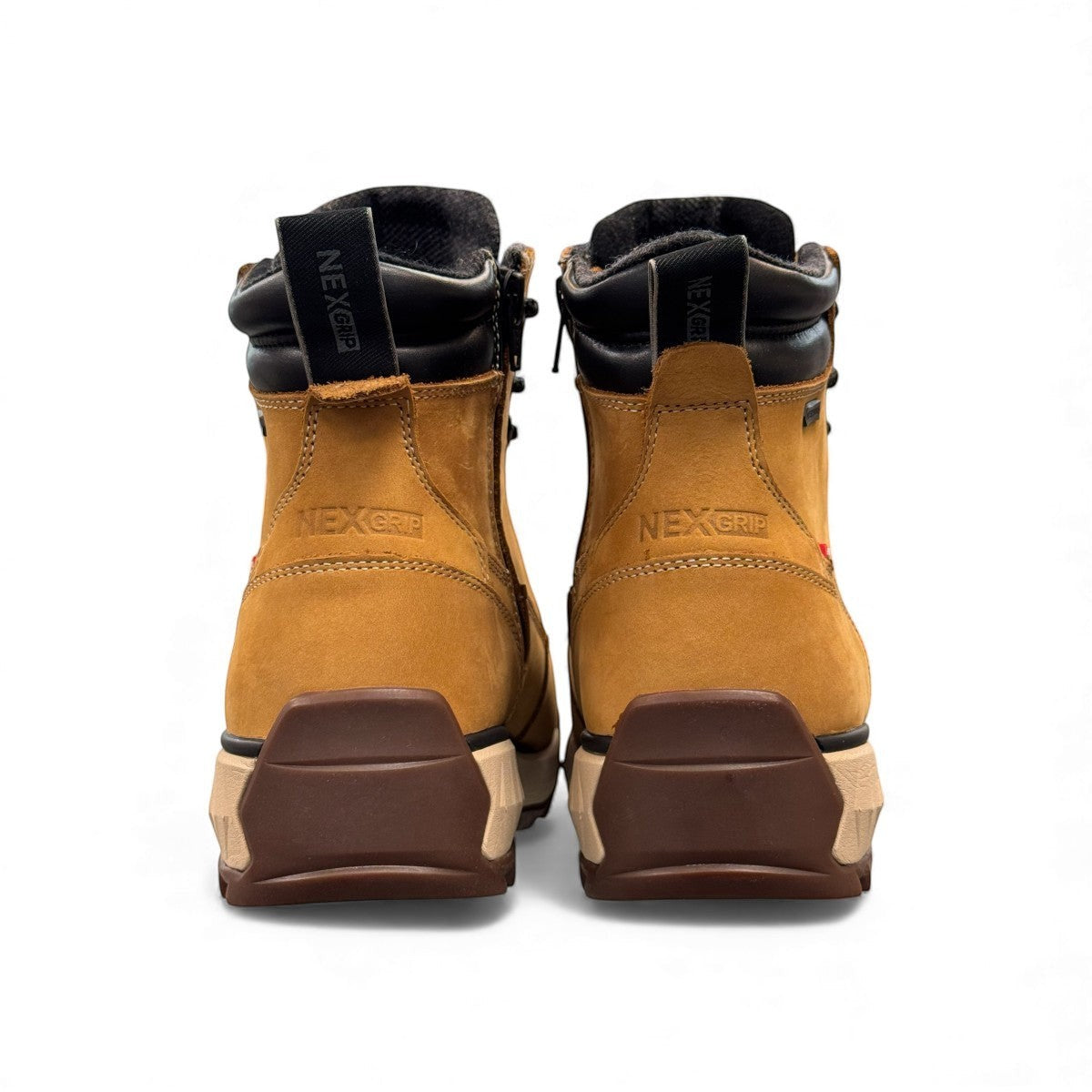 Nexgrip Ice Stone wheat waterproof leather winter boot with retractable cleats and black lace-up detail.
photo of the back side