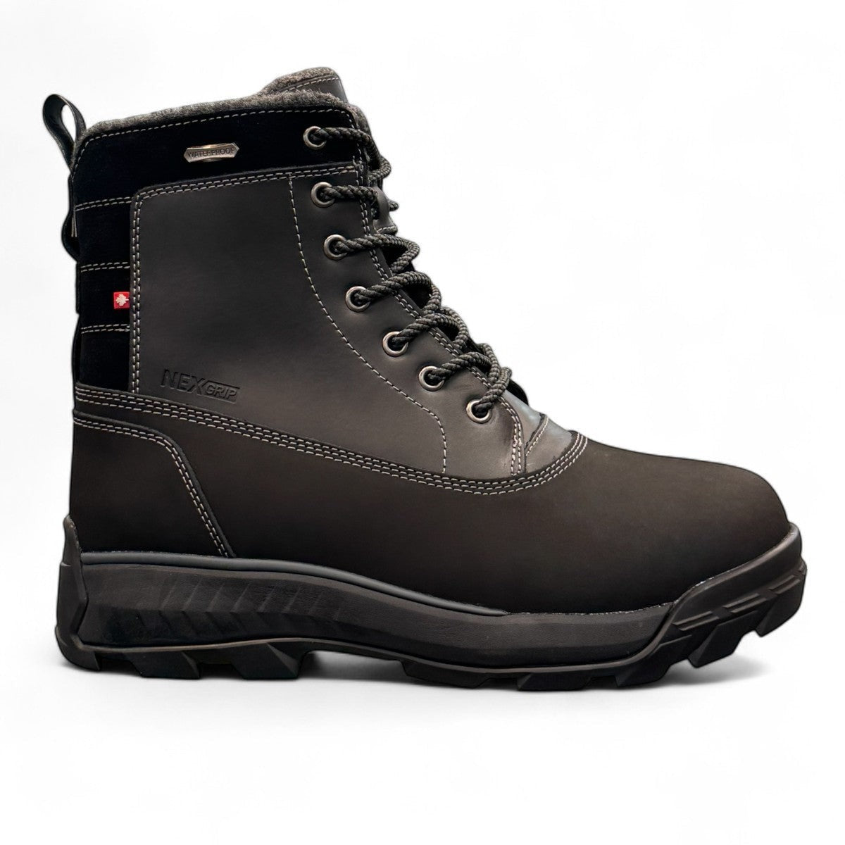 NEXGRIP Ice Victor black waterproof winter boots with retractable cleats and insulated leather design.
photo of the right side