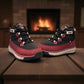 burgundy and black NexGrip Ice Wonder mid-cut waterproof winter boot with plaid collar detail. 
photo of the front side