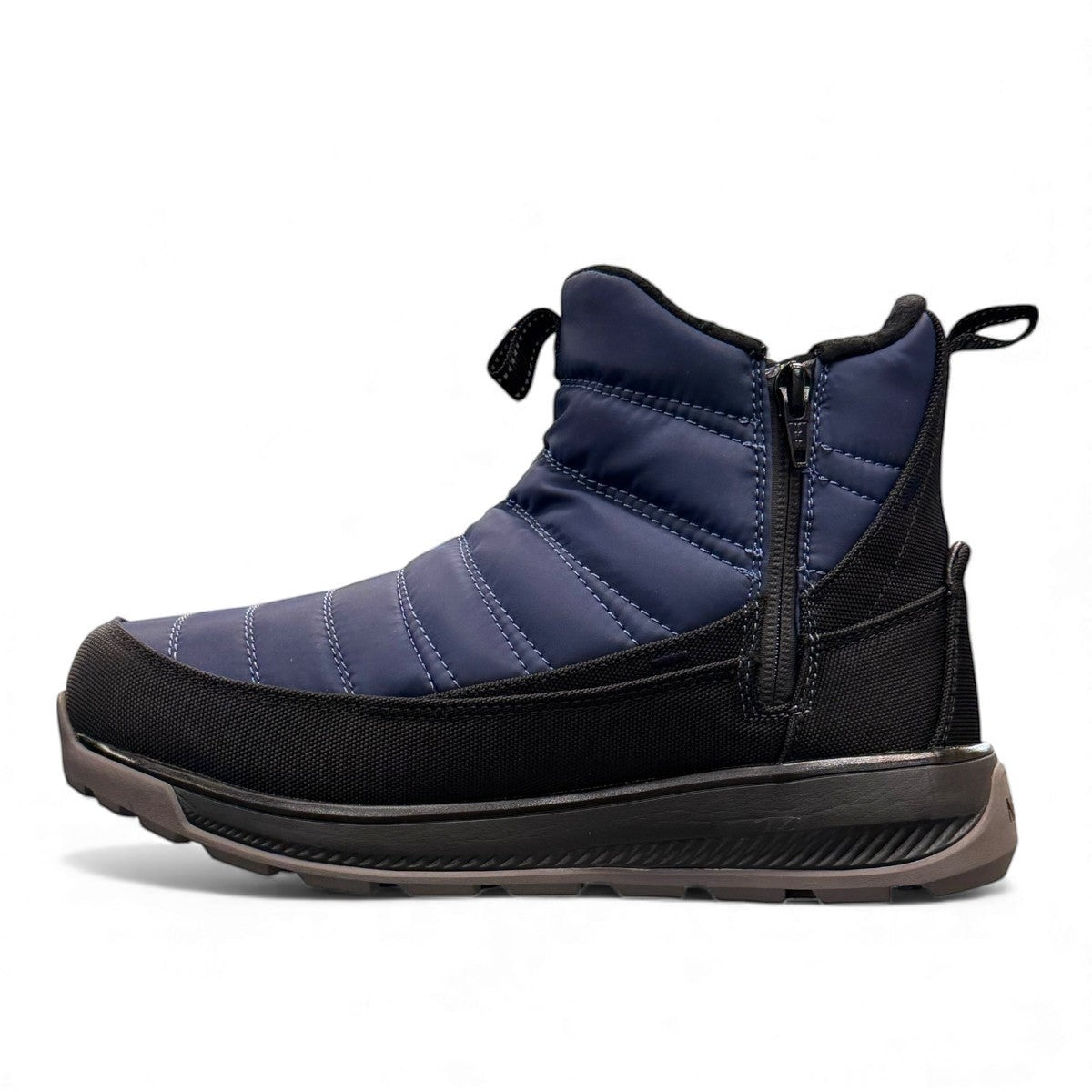 navy NexGrip Ice Maeva winter boot with waterproof quilted upper and retractable anti-slip cleat sole.
photo of the left side
