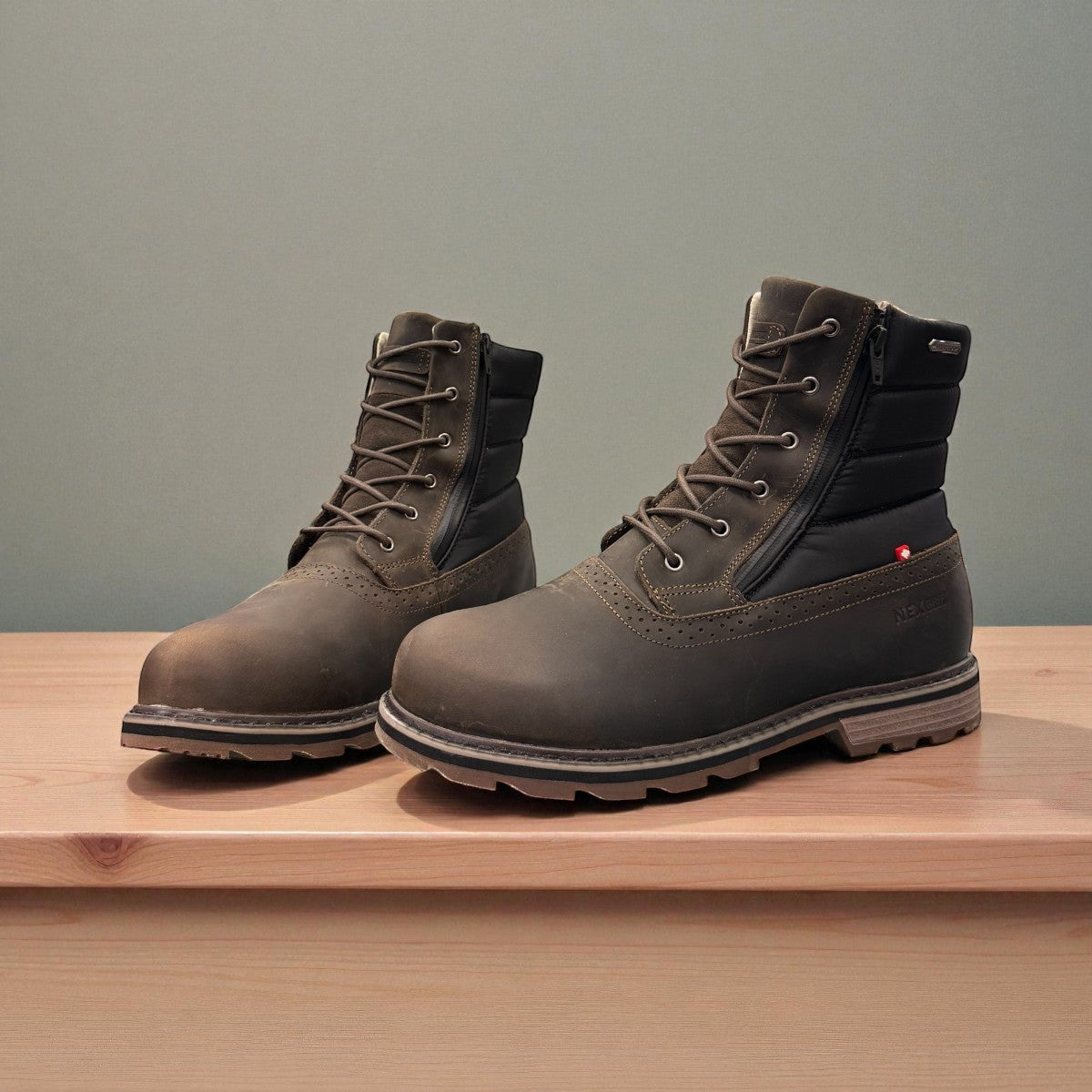 NexGrip Ice Kim 6.0 oatmeal leather winter boots with side zipper and rugged ice grip sole.
photo of the front side