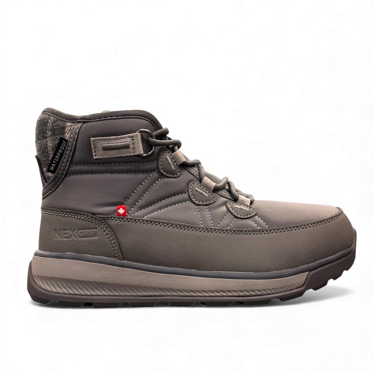 NexGrip Wonder Mid 2E charcoal waterproof winter boot with retractable ice cleats and wool lining.
photo of the right side