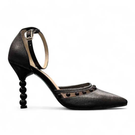 Nikpa Balston black bridal party heels with a unique beaded stiletto heel and ankle strap