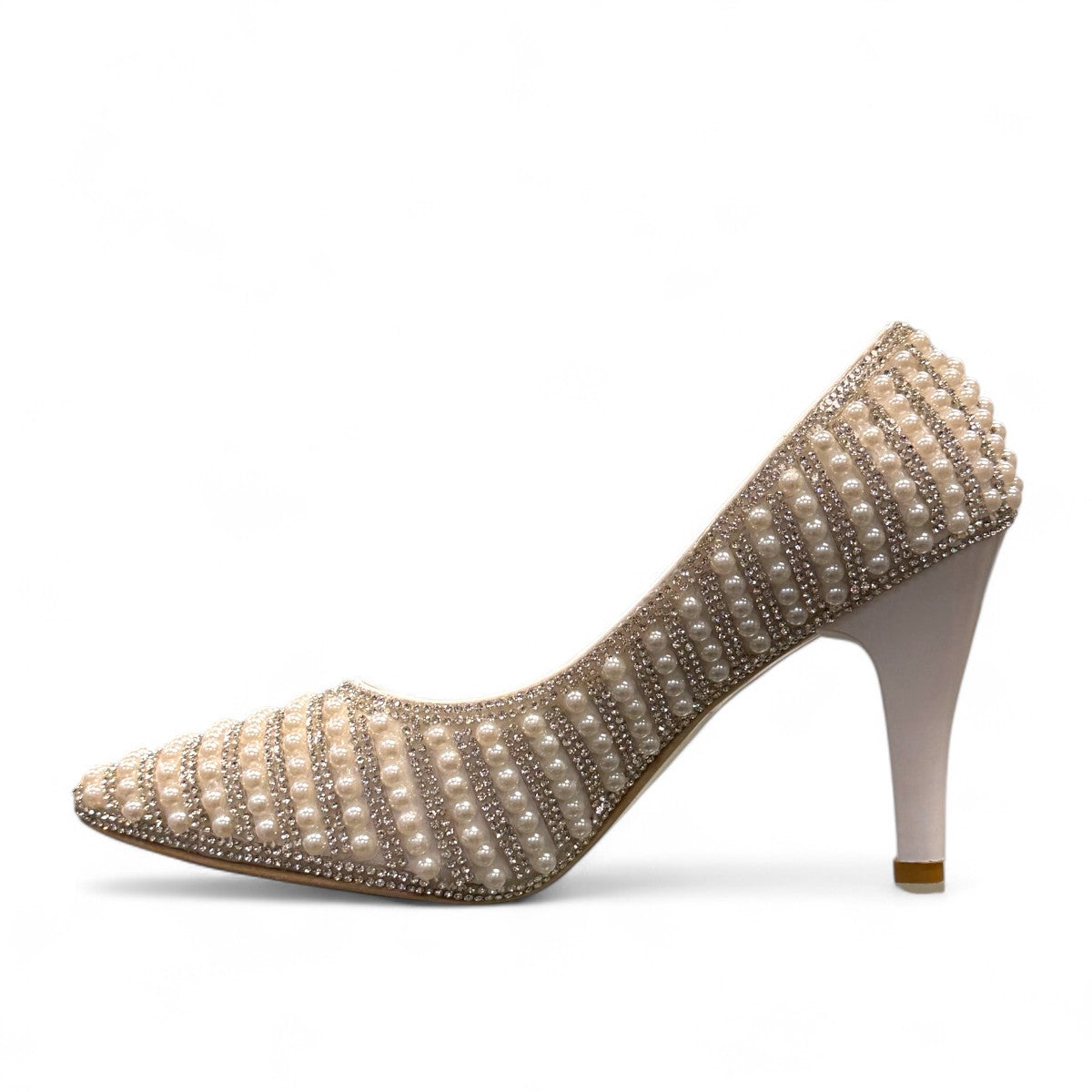 Nikpa Belle silver women's pumps featuring pearl and rhinestone embellishments on a reflective surface.