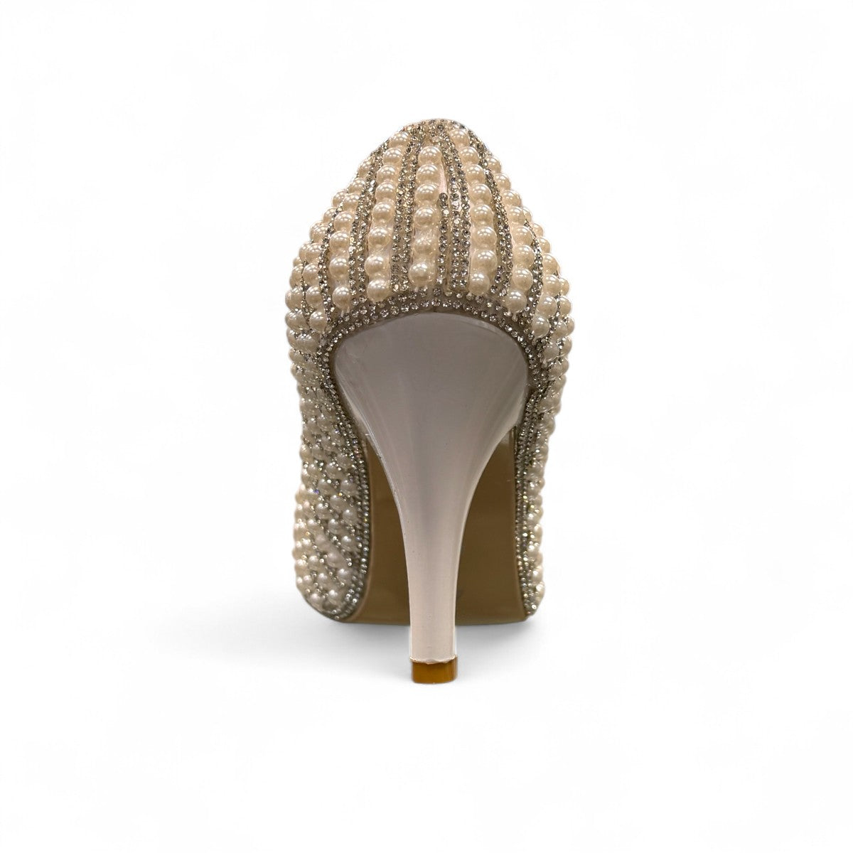 Nikpa Belle silver women's pumps featuring pearl and rhinestone embellishments on a reflective surface.