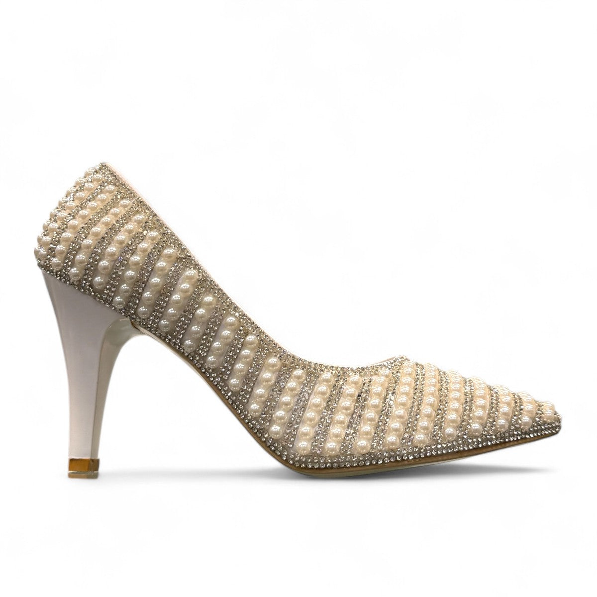 Nikpa Belle silver women's pumps featuring pearl and rhinestone embellishments on a reflective surface.