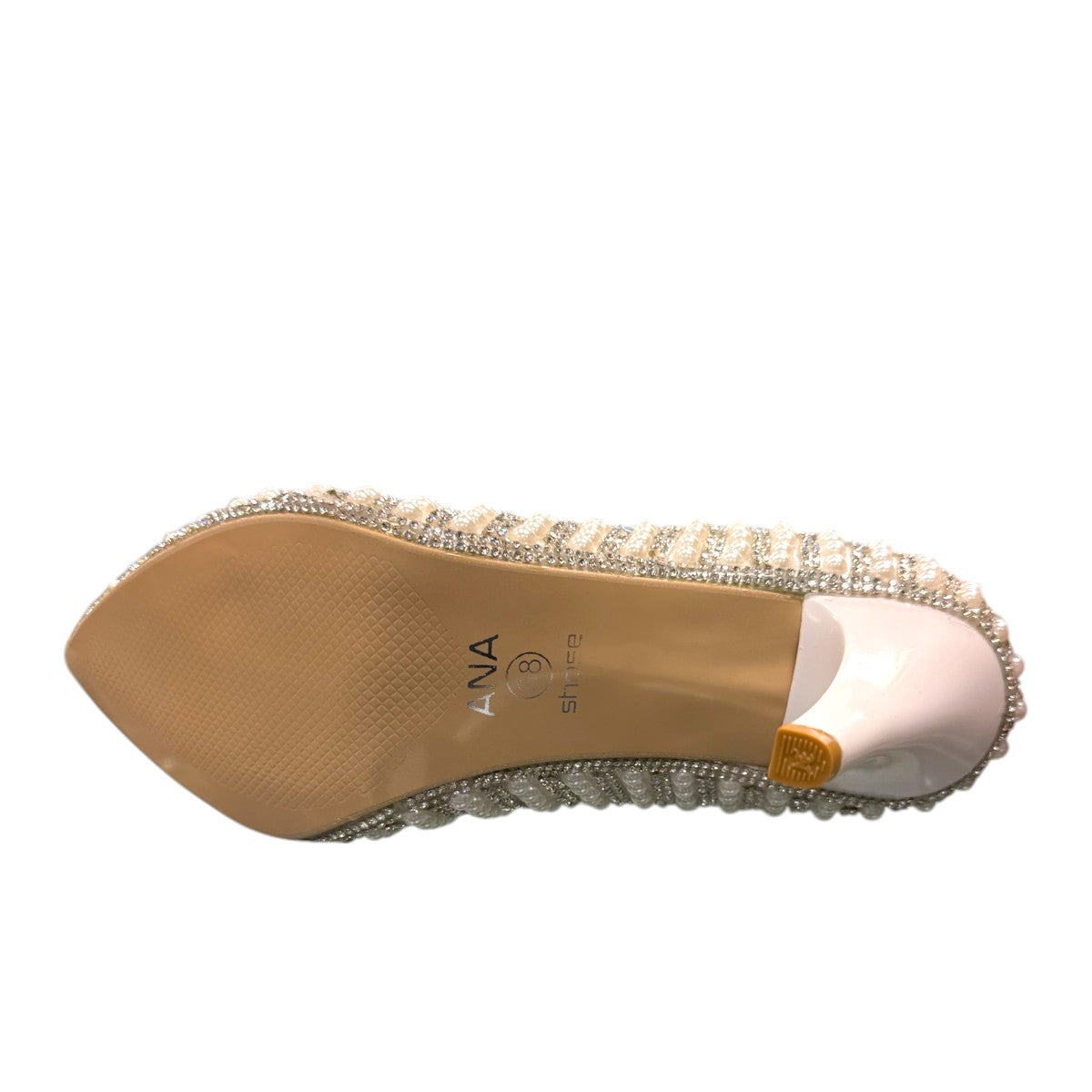 Nikpa Belle silver women's pumps featuring pearl and rhinestone embellishments on a reflective surface.