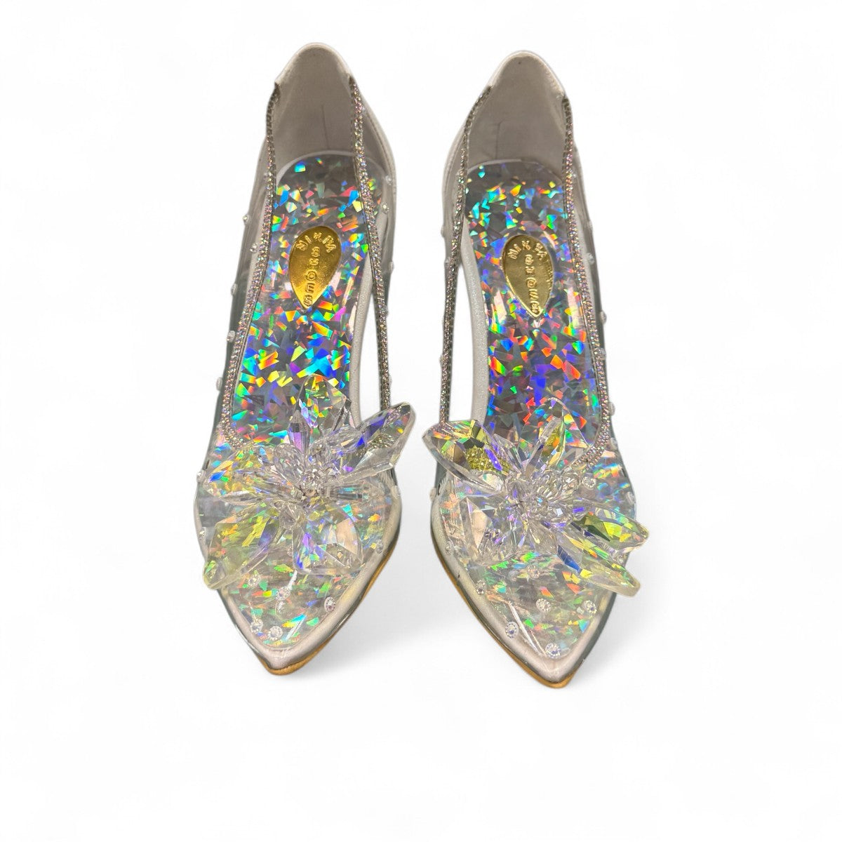 NIKPA BIRILIANT white high heel pump with clear side panels and a large crystal flower embellishment
