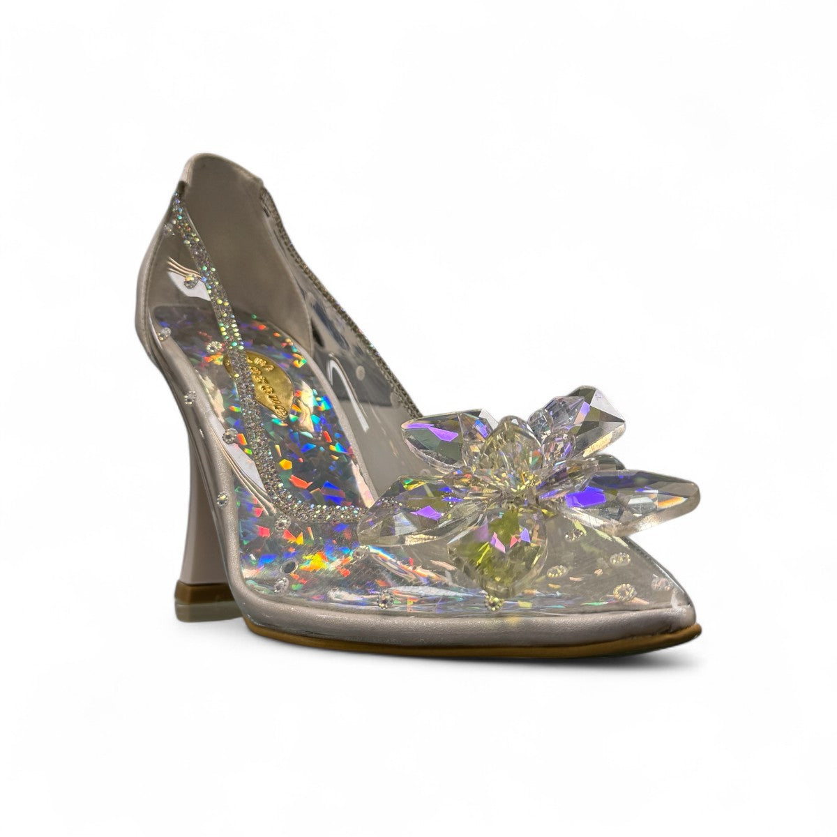 NIKPA BIRILIANT white high heel pump with clear side panels and a large crystal flower embellishment