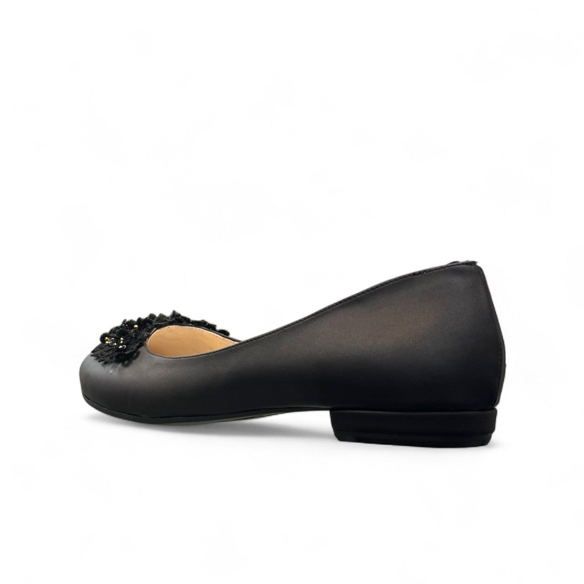 Nikpa black synthetic ballet flat with handmade floral embellishment on the toe