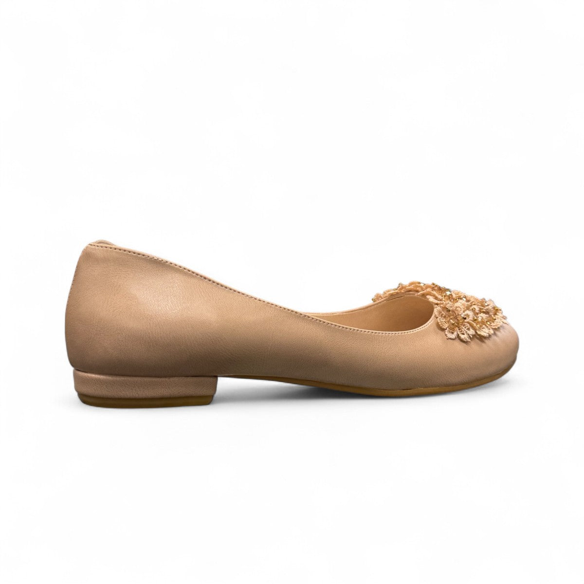 Nikpa cream synthetic ballet flat with handmade floral embellishment on the toe
