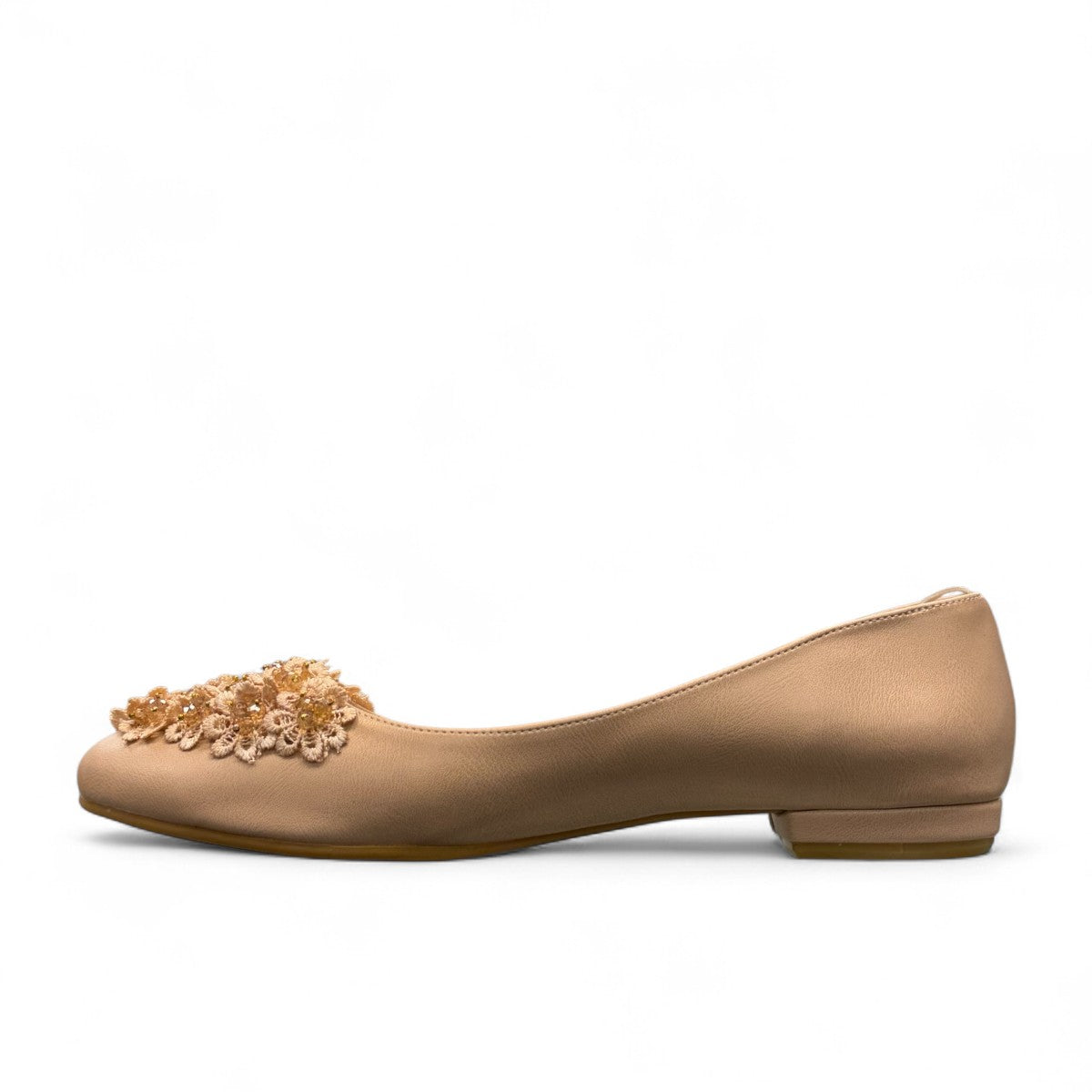 Nikpa cream synthetic ballet flat with handmade floral embellishment on the toe