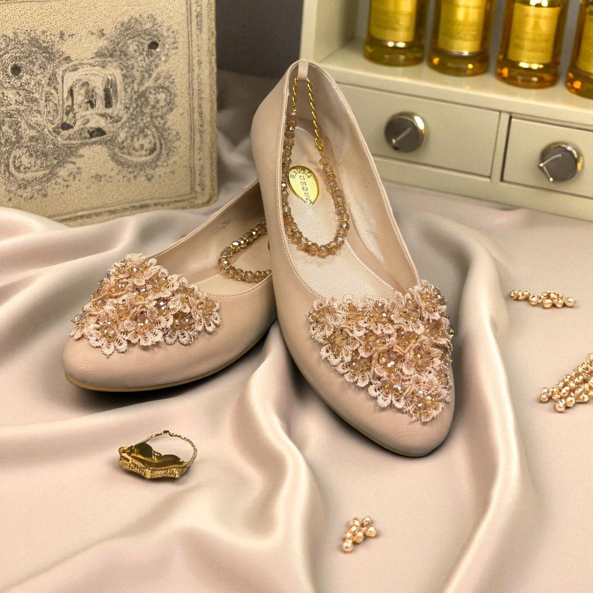 Nikpa cream synthetic ballet flat with handmade floral embellishment on the toe