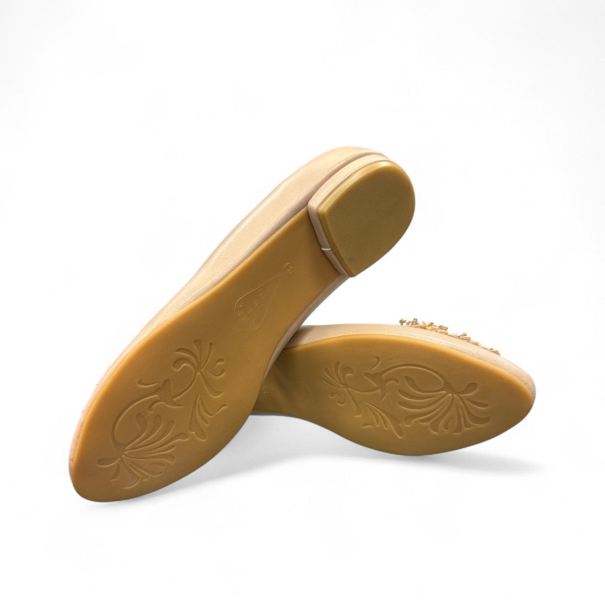 Nikpa cream synthetic ballet flat with handmade floral embellishment on the toe
