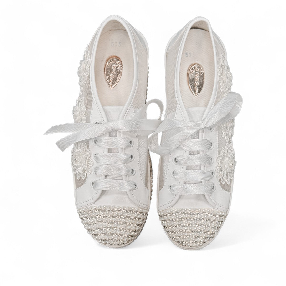 NIKPA DIBA white bridal platform sneaker with floral lace, pearl embellishments, and crystal trim.