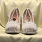 NIKPA FOXY white bridal block heel shoe with handmade floral lace, pearl embellishments, and platform.