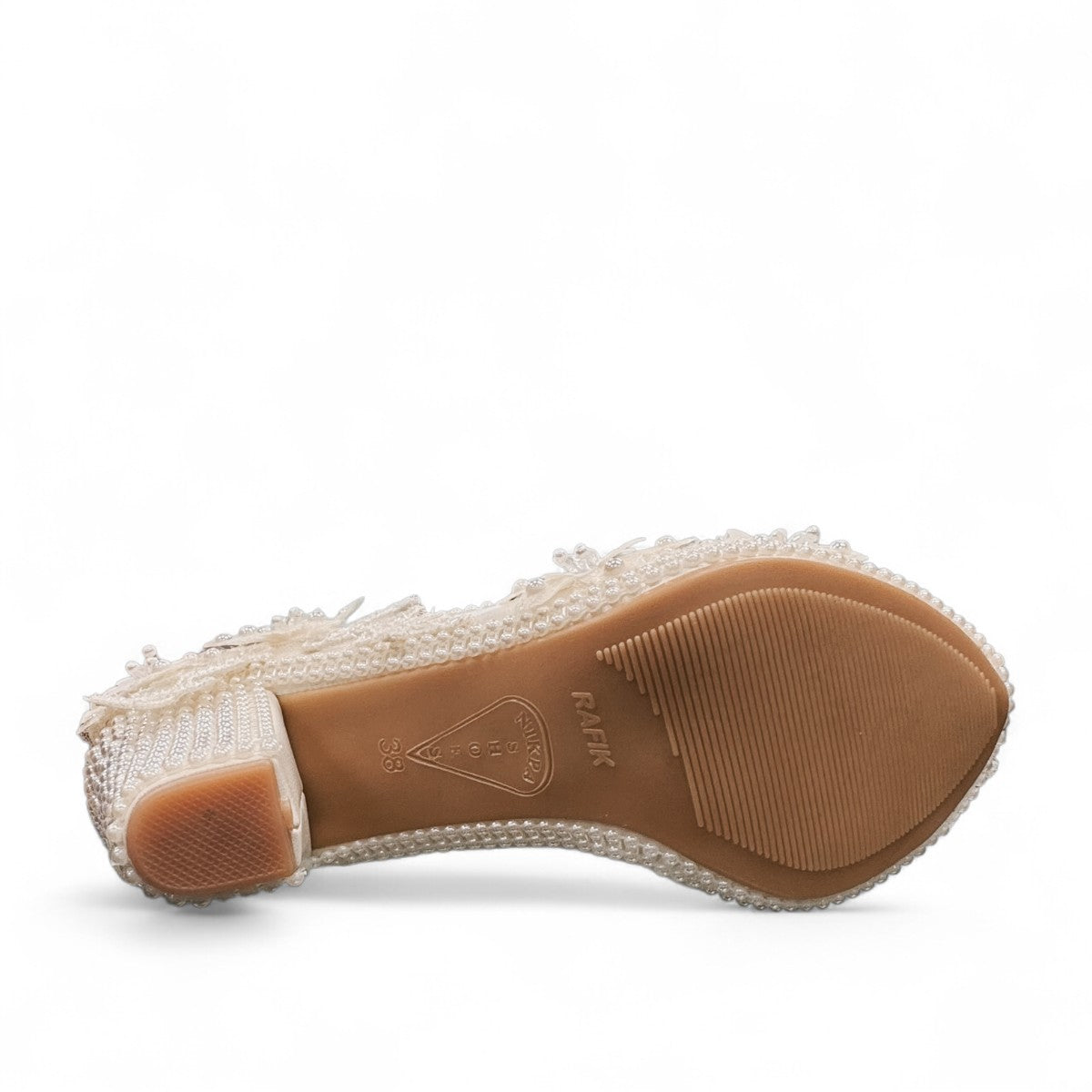 NIKPA FOXY white bridal block heel shoe with handmade floral lace, pearl embellishments, and platform.