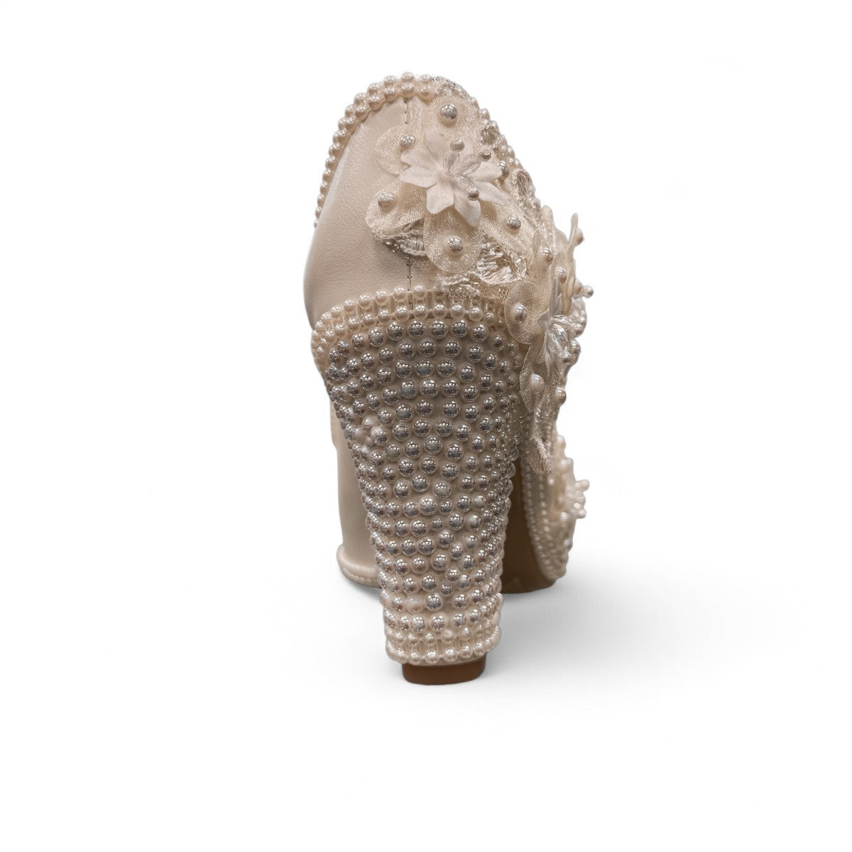 NIKPA FOXY white bridal block heel shoe with handmade floral lace, pearl embellishments, and platform.