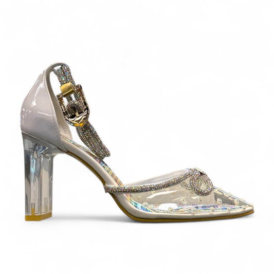 NIKPA GLASS white bridal heels with clear perspex block heel, rhinestone trim, and ankle strap