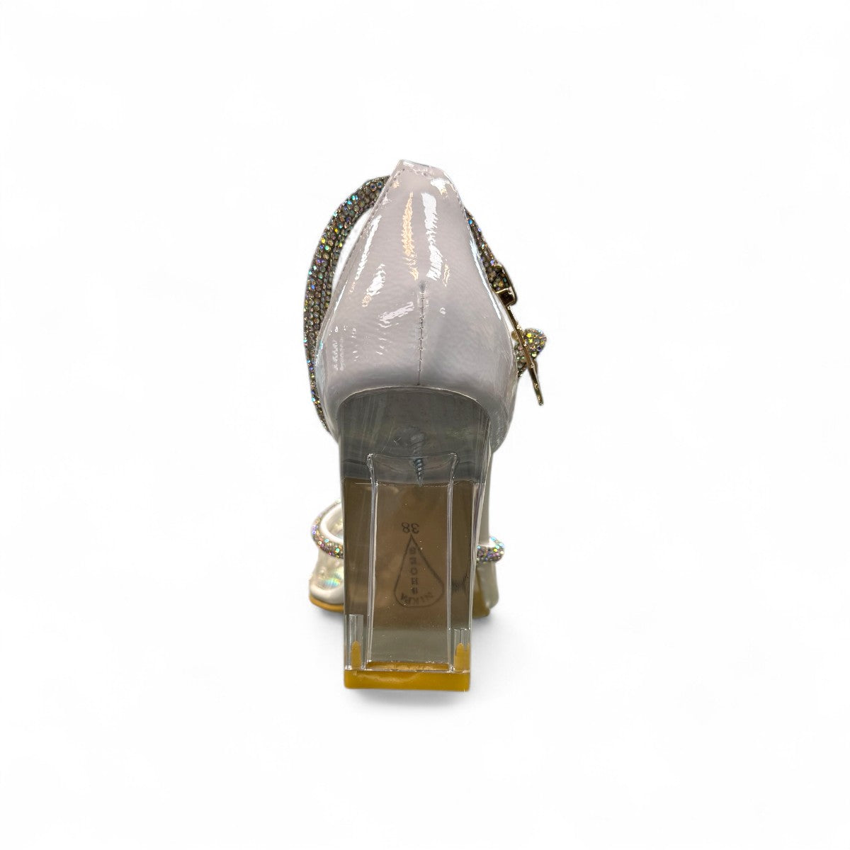 NIKPA GLASS white bridal heels with clear perspex block heel, rhinestone trim, and ankle strap