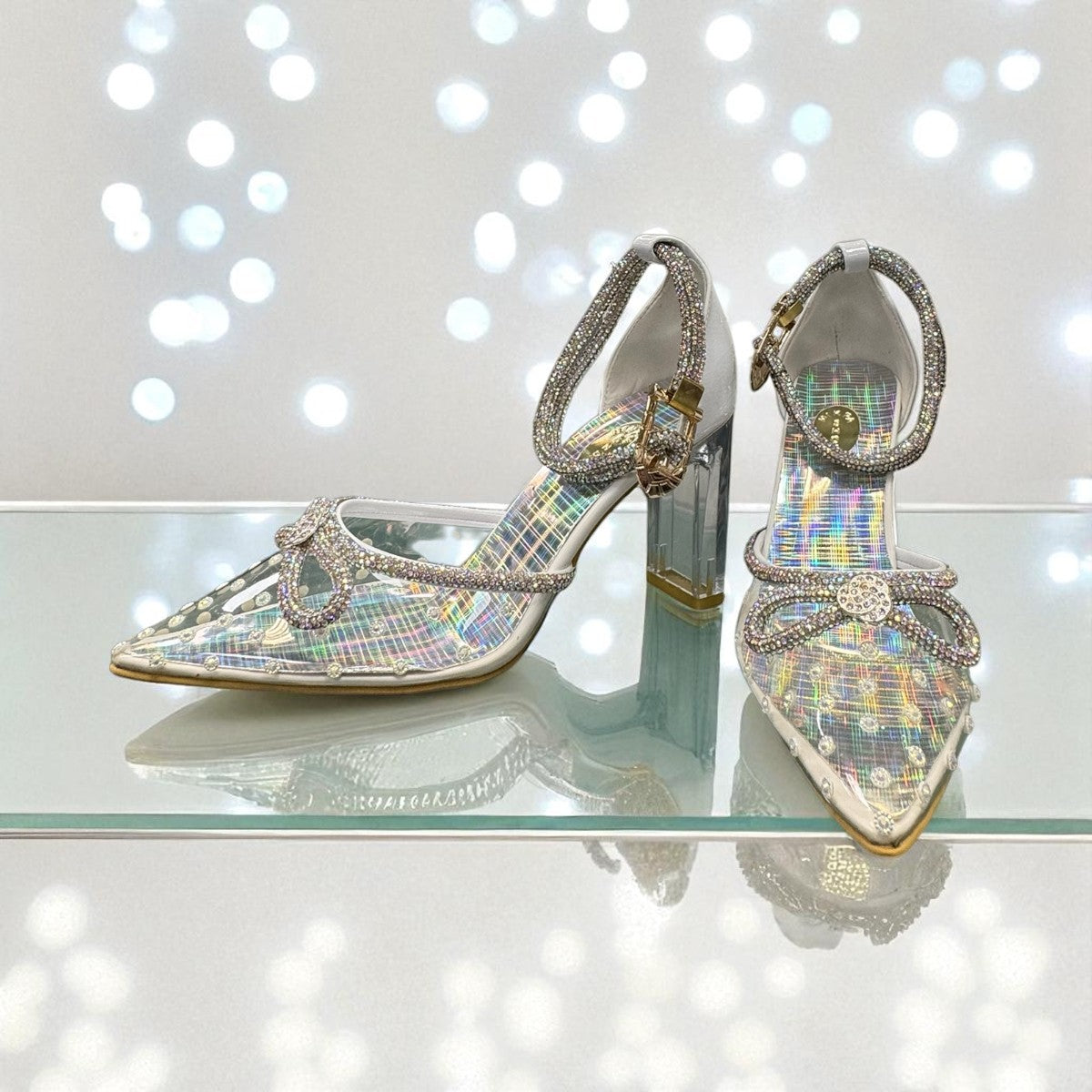 NIKPA GLASS white bridal heels with clear perspex block heel, rhinestone trim, and ankle strap
