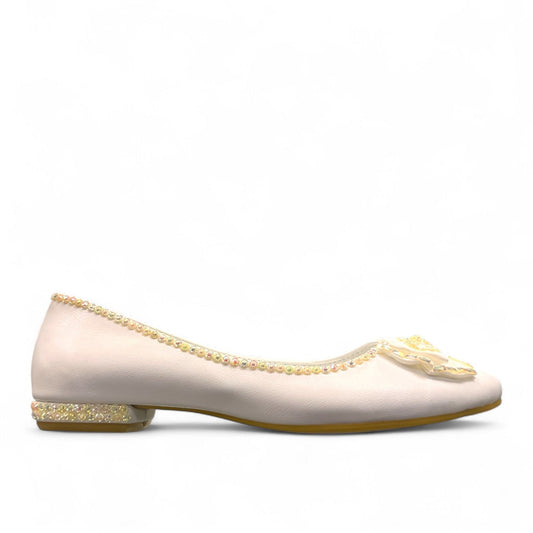 NIKPA GOLNAR white bridal flat shoe with decorative beaded trim and embellished bow detail