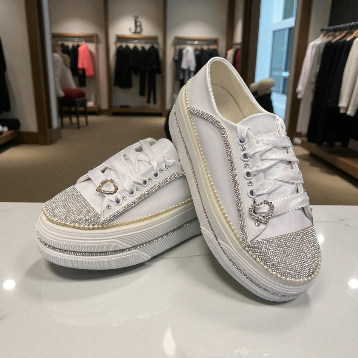 Nikpa Heart white platform sneakers with rhinestone heart detail and pearl trim