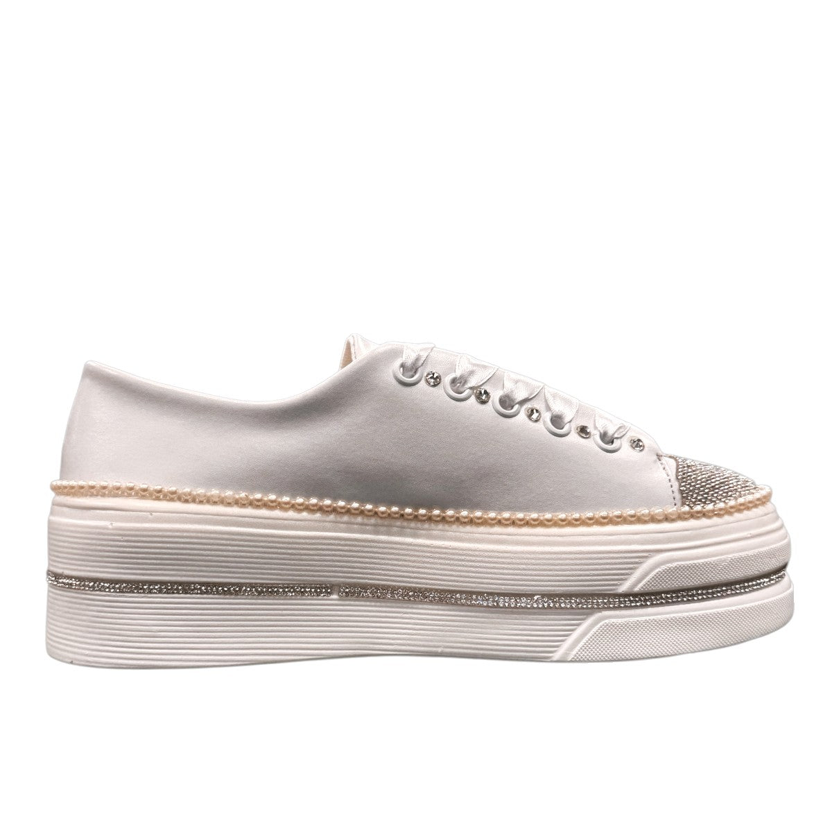 Nikpa Heart white platform sneakers with rhinestone heart detail and pearl trim